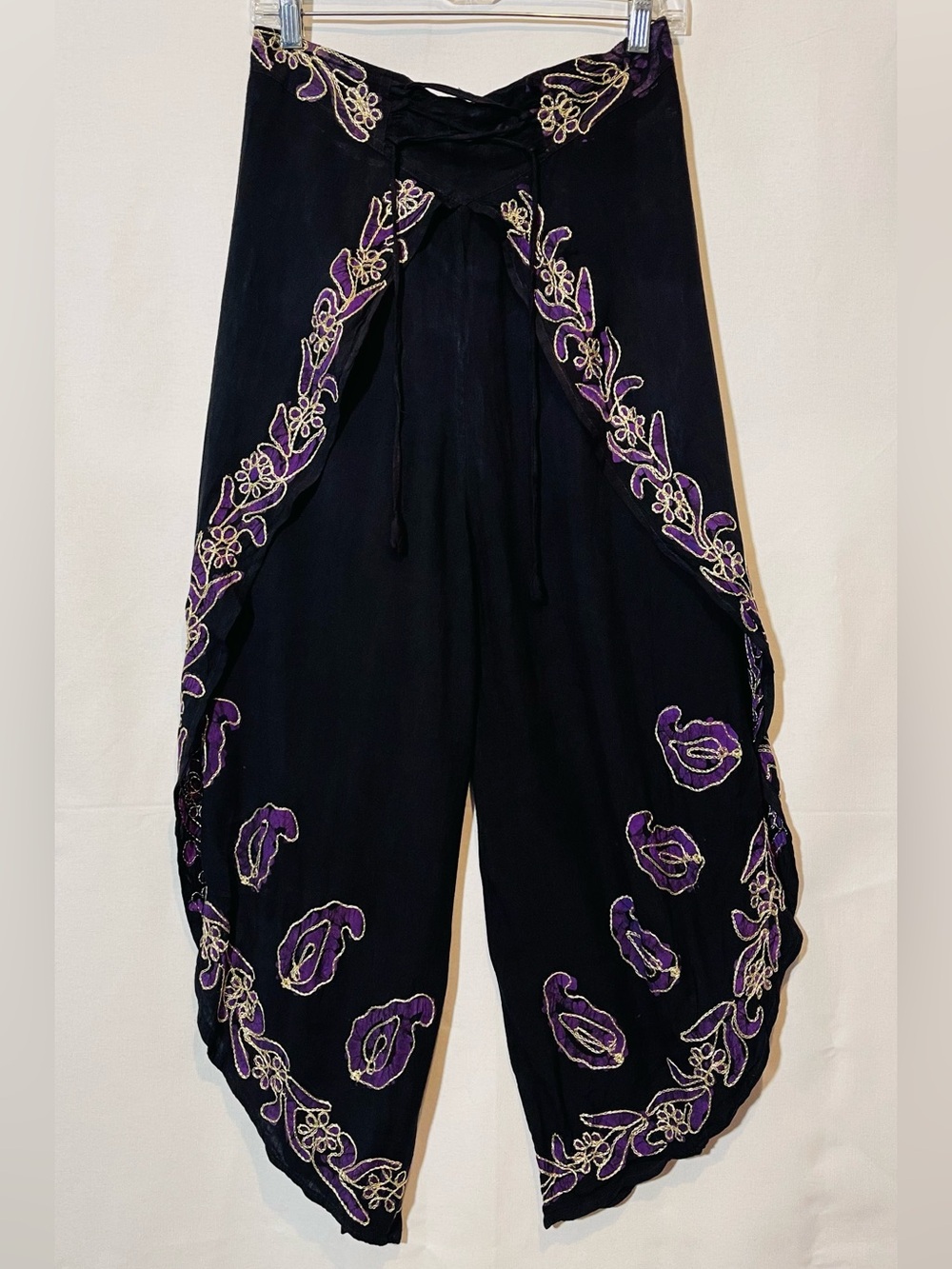 Embroidered Black Wide-Leg Wrap Pants with Purple Accents
